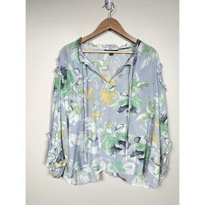Zac & Rachel Womens Blouse 2X Blue Floral Ruffle Lightweight Bohemian Fairy